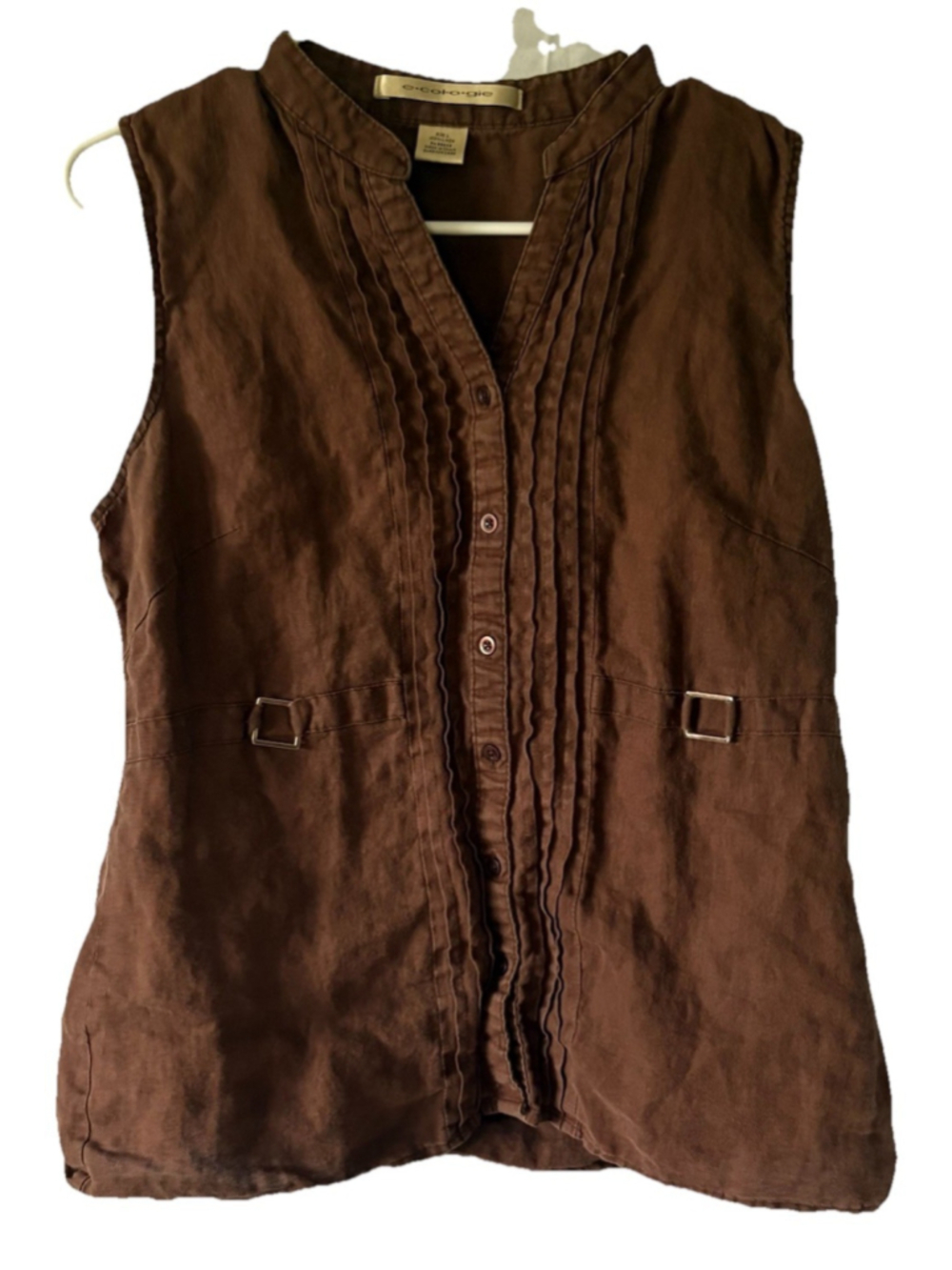 Ecologie 100% Linen Vest Top L Brown Pintuck Sleeveless Button Front Boho Fairy